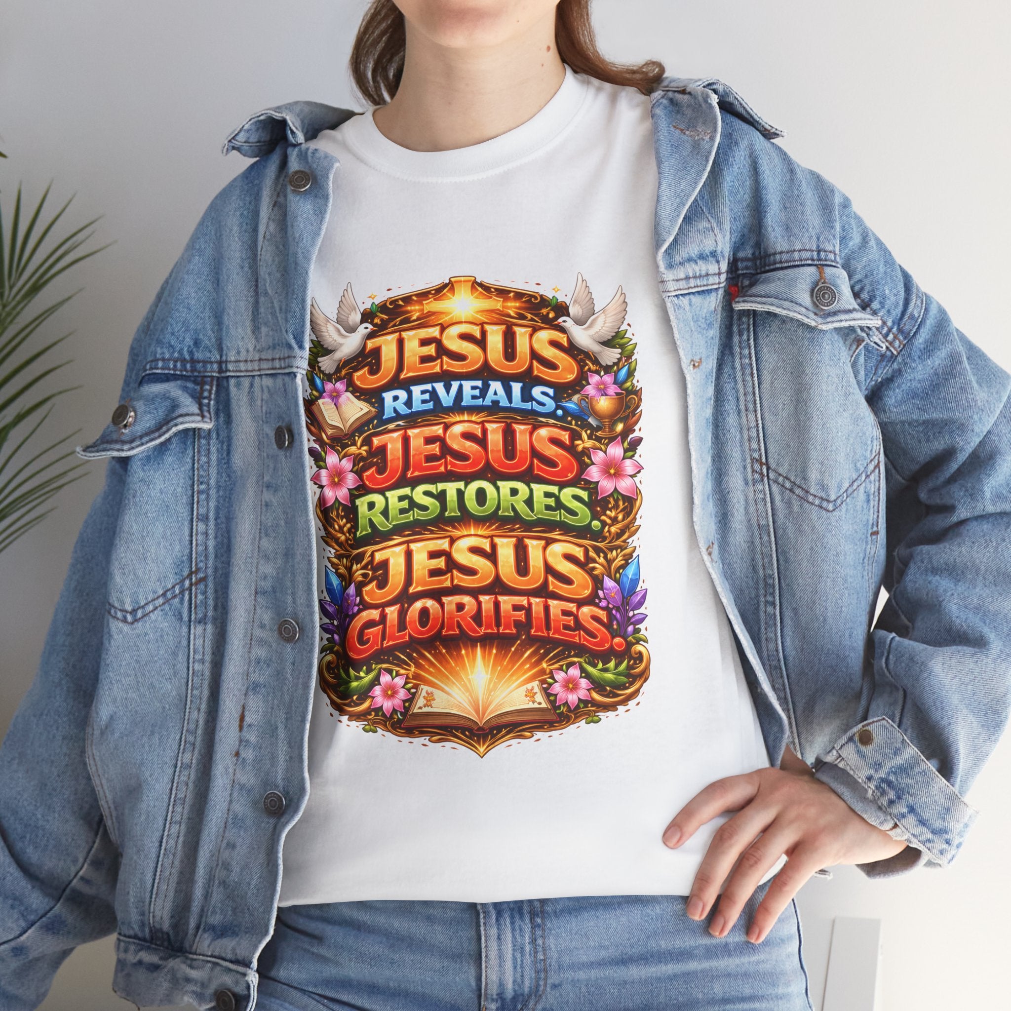 Jesus Reveals, Jesus Restores, Jesus Glorifies Unisex Tee