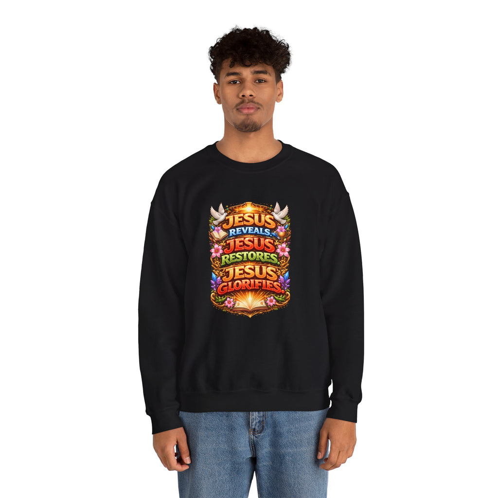 Jesus Reveals, Jesus Restores, Jesus Glorifies Unisex Sweatshirt